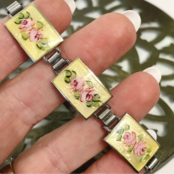 Sterling Silver Guilloche Vintage Rose Enamel Link Plate Bracelet 6.5" Cottage - Picture 10 of 16
